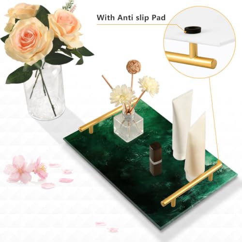 Dark Green Marble Acrylic Vanity Tray with Handles Non-Slip Decorative Bathroom Tray Jewelry Perfume Makeup Organizer for Dresser Kitchen Counter, 7.87 x 11.81 in