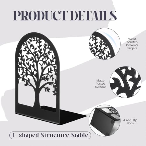 Feifeiya 6 Pairs Decorative Book Ends Metal Bookends for Shelves Black Metal Heavy Duty Book Ends Holder Supports Stoppers for Home Office School, 6.9x4.9x3.5”(Tree and Flower) - style: Tree and Flower