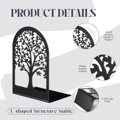 Feifeiya 6 Pairs Decorative Book Ends Metal Bookends for Shelves Black Metal Heavy Duty Book Ends Holder Supports Stoppers for Home Office School, 6.9x4.9x3.5”(Tree and Flower) - style: Tree and Flower