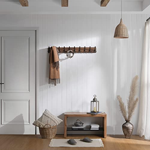 SKOLOO Rustic Coat Rack Wall Mount, 10 Hooks, 38.6'' Long, Solid Wood,Brown | Rustic finish, 100 lb capacity, entryway bedroom mudroom, wall mount, 16" stud spacing, hardware included, rustproof hooks - color: Brown Plate & Black Hook, size: 1 Item-10 Hoo