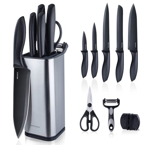 Knife Set,10-Piece Stainless Steel Kitchen Knife Set with Block,Black | Compact Small Countertop Holder,Pro-Sharpened Stainless Steel Chef Knives, Space Saving Knife Set for RV & Apartment - color: BK