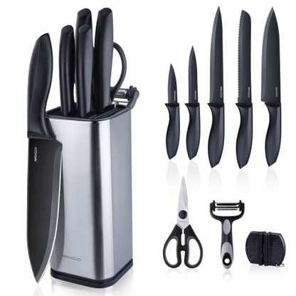 Knife Set,10-Piece Stainless Steel Kitchen Knife Set with Block,Black | Compact Small Countertop Holder,Pro-Sharpened Stainless Steel Chef Knives, Space Saving Knife Set for RV & Apartment - color: BK