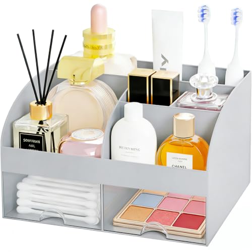 Makeup Organizer with 2 Drawers, Cosmetic Storage for Dresser Vanity and Bathroom Countertop,Make up organization and Skincare Storage with Beauty Brush Holder, Cosmetic Display Case (Grey) - color: Grey