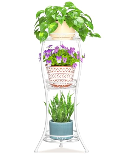 LASZOLA 3 Tiers Metal Corner Plant Flower Stand Tall Indoor Outdoor, White | Heavy Duty Small Holder Shelf for Multiple Plants, Vintage 30 Inch High for Patio Office, Modern Sturdy Vertical Iron Rack - color: Classic White, size: 3 Tier