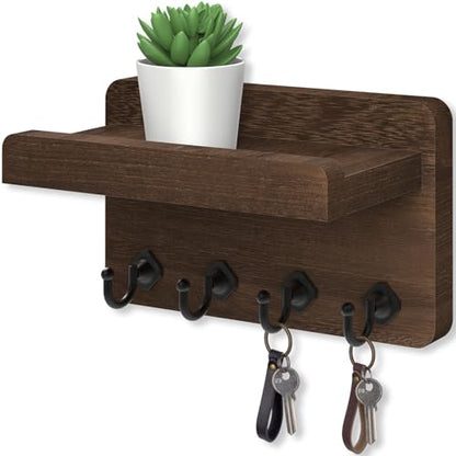 Nekon Key Holder Wall Mount, 8.5 Inch Small Wooden Wall Organizer, Brown | Rustic Wall Shelf, Farmhouse Key and Mail Holder for Living Room Entryway Kitchen - color: Brown