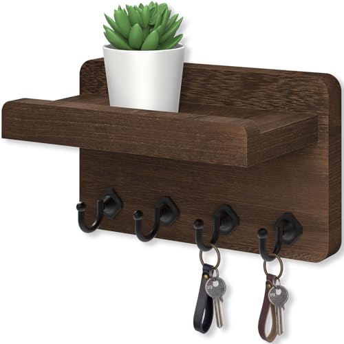 Nekon Key Holder Wall Mount, 8.5 Inch Small Wooden Wall Organizer, Brown | Rustic Wall Shelf, Farmhouse Key and Mail Holder for Living Room Entryway Kitchen - color: Brown