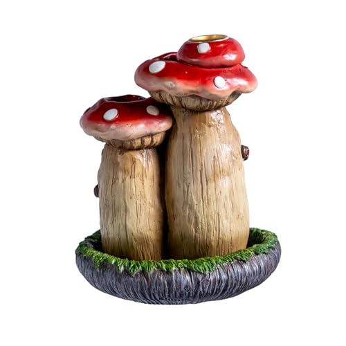 Pacific Giftware Whimsical Toadstool Mushroom Backflow Incense Burner with Faces, Red and White Polka Dot Design, Garden Gnome Style, Decorative Home Accent, Resin Decor 6.1" H