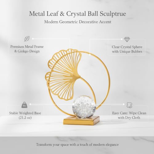 for Shelf, Desk, or Console Table Display: Modern Geometric Metal Leaf and Crystal Ball Sculpture Accent (1 PC) - size: 3.15 x 3.15 x 5.91 in