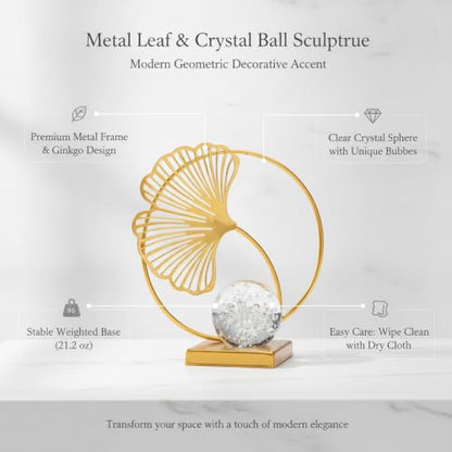 for Shelf, Desk, or Console Table Display: Modern Geometric Metal Leaf and Crystal Ball Sculpture Accent (1 PC) - size: 3.15 x 3.15 x 5.91 in
