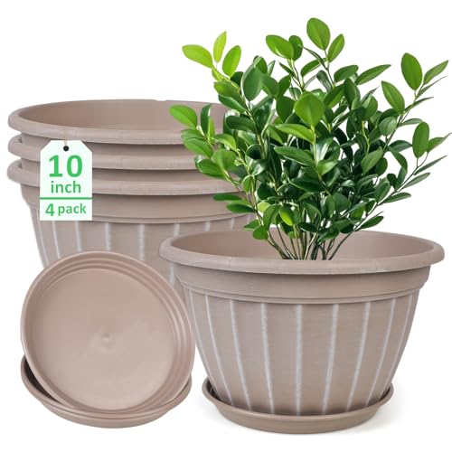10 Inch Plant Pots,4 Pack Flower Pot,Planters Pot with Drainage Hole | Modern Planters for Outdoor Plants with Saucer,Decorative Resin Garden Pots for Outdoor Indoor Home Plants (Beige) - color: Beige, size: 10 inch-4 pack