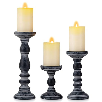 Romadedi Black and Gray Distressed Wood Pillar Candle Holders, Set of 3 | Rustic Farmhouse Wood Candle Set for Mantel, Dining Table Centerpiece, Entryway, Shelf. - color: Black