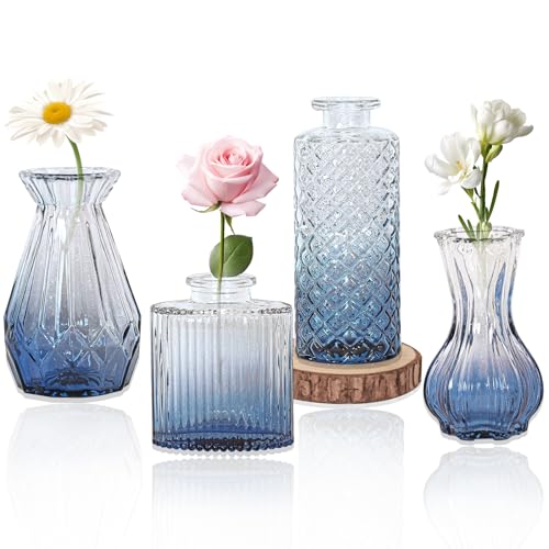 Set of 4 Glass Bud Vase Set, Small Vintage Clear Flower Vase Centerpieces for Table Bulk Cute Rustic Style Mini Vase for Home Decor Wedding Baby Shower Birthday Party(Ombre Blue) - color: Ombre Blue