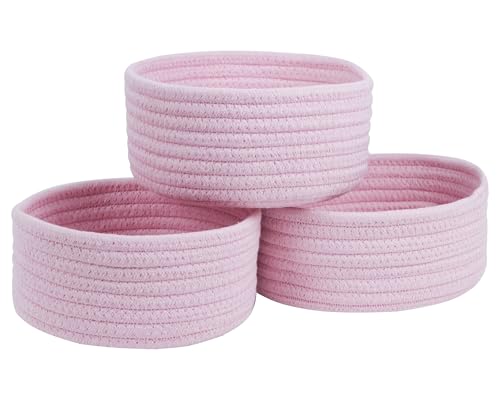 Small Woven Cotton Rope Baskets, Set of 3, Pink | Mini Round Baskets, Gift and Storage Baskets, Nursery Organizer, Bathroom Countertop Bins, Decorative Boho Decor - color: Pink