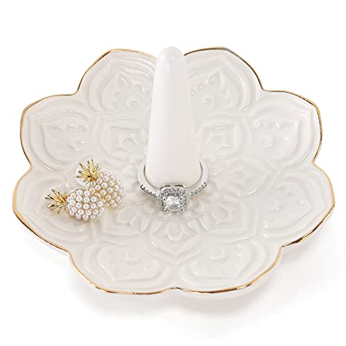 Ceramic White Mandala Jewelry Holder Decorative Ring Holder/Trinket Tray Engagement Wedding Birthday Gifts for Women Her - color: White