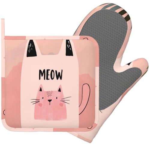 Cute Pink Cat Oven Mitts and Pot Holders Sets Smile Face Silicone Heat Resistant Kitchen Oven Gloves Pot Holder for Cooking Baking Grilling BBQ - color: Cute Pink Cat
