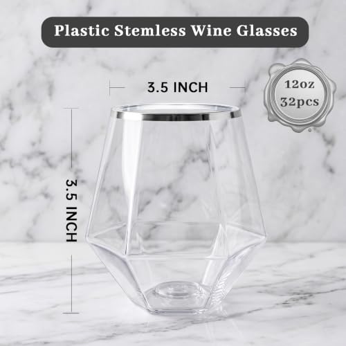 LUODA 32 Pack Silver Plastic Wine Glasses,12 Oz Disposable Whiskey Glasses | MirthMood Silver Stemless Diamond Shaped Wine Glasses For Serving Wine, Cocktail, Whiskey,Wedding - color: Silver, size: 32 Count