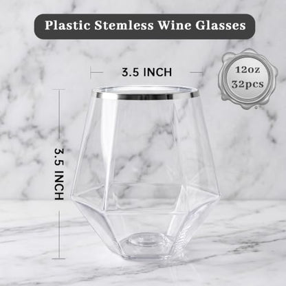 LUODA 32 Pack Silver Plastic Wine Glasses,12 Oz Disposable Whiskey Glasses | MirthMood Silver Stemless Diamond Shaped Wine Glasses For Serving Wine, Cocktail, Whiskey,Wedding - color: Silver, size: 32 Count