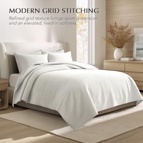 100% Cotton Modern Grid Stitch Quilt Set, King Size, Bright White | Pre-Washed Cotton Coverlet Bedspread, Oversized Lightweight 3-Piece Bedding Set for All Season, with 2 Pillow Shams - color: Bright White, size: King (110" X 94")