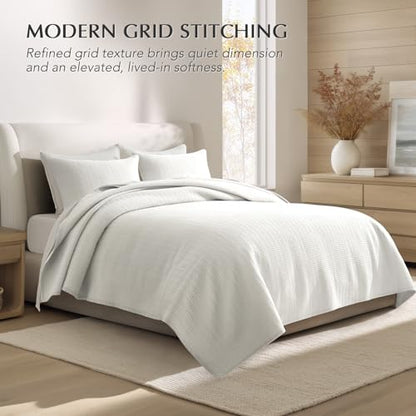 100% Cotton Modern Grid Stitch Quilt Set, King Size, Bright White | Pre-Washed Cotton Coverlet Bedspread, Oversized Lightweight 3-Piece Bedding Set for All Season, with 2 Pillow Shams - color: Bright White, size: King (110" X 94")