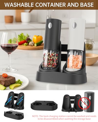 CIRCLE JOY Electric Salt and Pepper Grinder Set Automatic Salt and Pepper Mills Set with Easy-to-Carry Charging Base and LED Light, USB Rechargeable, Upgrade External Adjustable Coarseness - color: White&Black