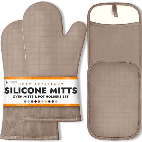 HOMWE Silicone Oven Mitts and Pot Holders, 4-Piece Set, Heavy Duty Cooking Gloves, Kitchen Counter Safe Trivet Mats, Advanced Heat Resistance (Beige, Oven Mitt & Pot Holder) - color: Beige, size: 4-Piece Oven Mitts & Pot Holders Set