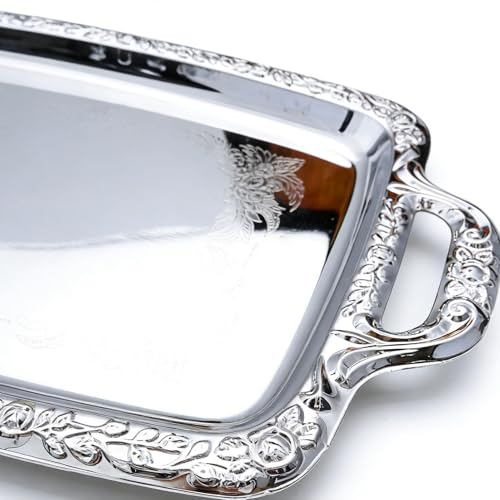 Metal Trays for Food Rectangular Modern with Handles | Silver Tray Food Serving Platter for Candy Bread Cake Charcuterie Dessert Fruit Party Home Kitchen Living Room