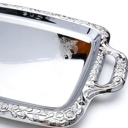 Metal Trays for Food Rectangular Modern with Handles | Silver Tray Food Serving Platter for Candy Bread Cake Charcuterie Dessert Fruit Party Home Kitchen Living Room