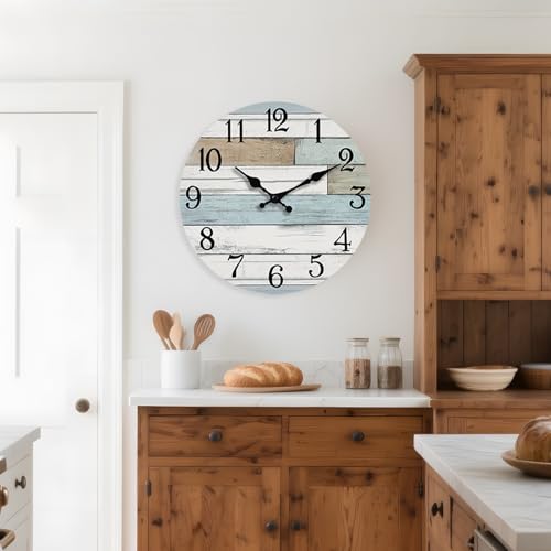 KECYET 16 Inch Large Wall Clock Battery Operated Silent Non Ticking Coastal | Round analog clock; large easy-read dial for bathroom, kitchen, bedroom & living room; 1 AA battery (not included) - color: Blue, size: 16"