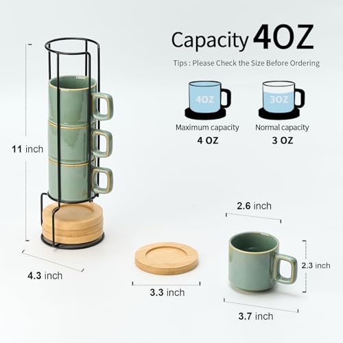 LUKA Porcelain Stackable Espresso Cups with Saucers and Metal Stand, 4 Ounce Small Ceramic Demitasse Cups Set for Latte, Specialty Coffee Drinks, Cafe Mocha,Tea - Set of 4, Wild Sage Earth - color: Wild Sage Earth