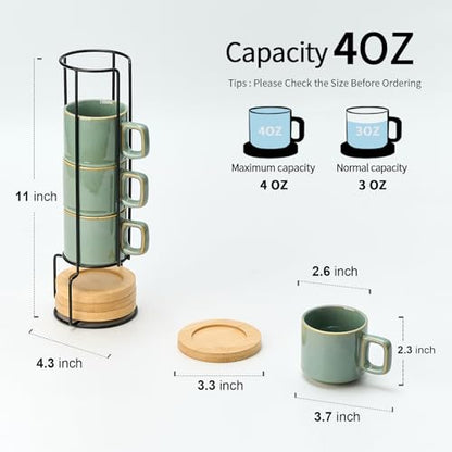 LUKA Porcelain Stackable Espresso Cups with Saucers and Metal Stand, 4 Ounce Small Ceramic Demitasse Cups Set for Latte, Specialty Coffee Drinks, Cafe Mocha,Tea - Set of 4, Wild Sage Earth - color: Wild Sage Earth