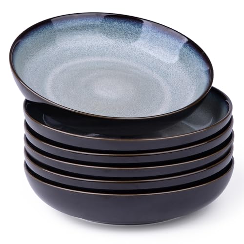 LERATIO 9.0" Ceramic Pasta Bowls Set of 6,38oz Large Stoneware Bowls Set | Reactive Glaze Serving Bowls Set,Wide Bowl for Pasta,Salad,Fruit & Noodles,Housewarming & Wedding Gift-Gray White - color: Gray Blue, size: Set of 6
