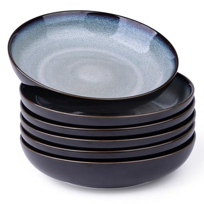 LERATIO 9.0" Ceramic Pasta Bowls Set of 6,38oz Large Stoneware Bowls Set | Reactive Glaze Serving Bowls Set,Wide Bowl for Pasta,Salad,Fruit & Noodles,Housewarming & Wedding Gift-Gray White - color: Gray Blue, size: Set of 6
