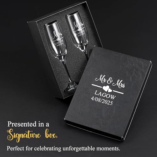 Mr and Mrs Wedding Toasting Champagne Flutes with Box, Set of 2 Glasses With Black Box, Laser engraved Tosting Flutes Engraved Personalized Glasses for Bride and Groom - color: Wedding-13, style: Glasses + Gift Box