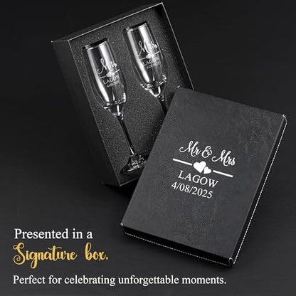 Mr and Mrs Wedding Toasting Champagne Flutes with Box, Set of 2 Glasses With Black Box, Laser engraved Tosting Flutes Engraved Personalized Glasses for Bride and Groom - color: Wedding-13, style: Glasses + Gift Box