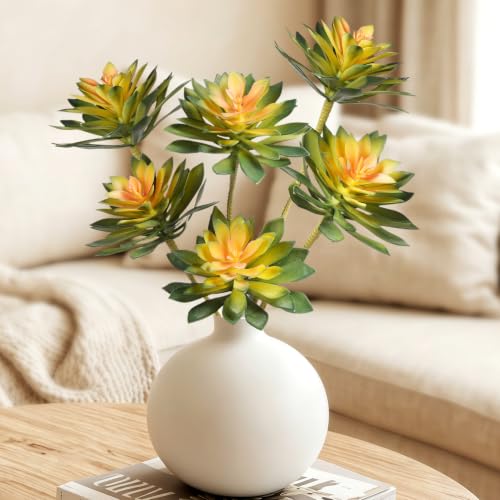 2 Pcs Large Artificial Succulent Plants, 20.8-Inch Yellow Orange Spiky Rosettes, 3 Heads Each, UV-Resistant Unpotted Fake Plants for Outdoor Planters and Indoor Centerpiece Decor - color: Green & Orange