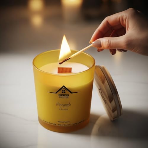 Hand Crafted, Soy Wax, Wood Wick, Aromatic Candle. Non-Toxic (Pineapple/Passion)