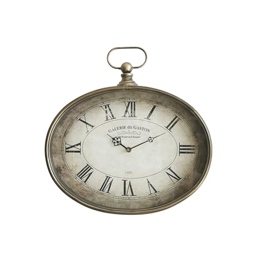 Vintage Decorative Wall Clock - 16 inch, Distressed Gold, Oval Pocket Watch Design, Roman Numerals, Battery Operated, Large Antique Style for Living Room, Kitchen, Bedroom Decor - size: 16''