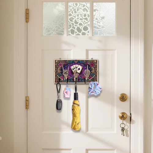 Gothic Style Skull Hand Key Holder Divination Key Hooks Organizer Hanger Playing Cards Wall Mounted Wooden Key Rack with 5 Key Hooks for Home Entryway Front Door Kitchen Hallway Bedroom - color: Skull hand