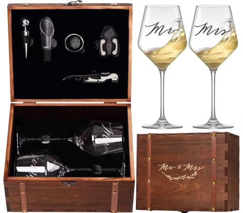 Mr Mrs Wine Glasses Gifts for Wedding/Engagement/Bridal Shower,Classy Engagement Present,Wedding Gift for Couples,Women,Bride to be,Newlyweds-Wedding Keepsake Box with Wine Accessories - style: Mr & Mrs + Vintage Box + Tools