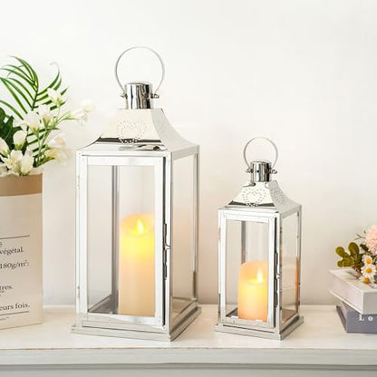 TRIROCKS Set of 2 Stainless Steel Lanterns 17"&12" H Decorative Outdoor Lantern Candle Holder with Tempered Glass for Living Room Wedding Parties Gifts Indoors Outdoors(Silver)