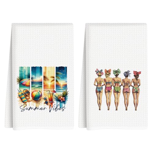 Summer Beach Kitchen Towels, Summer Kitchen Bathroom Decor, Housewarming Gifts, Lemon Waffle Decorative Dish Hand Towel for Seasonal Holiday Home Bathroom Bar Baking Set of 2 14x24 Inch - color: Beach-2