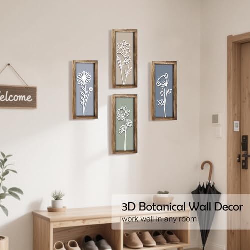 3D Wooden Floral Wall Art, 4 Pcs 7 x 16 Inch Flower Wood Carving Framed Bathroom Wall Decor for Living Room Bedroom Office, Rustic Farmhouse Boho Botanical Hangings