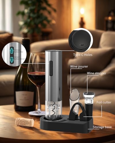 CIRCLE JOY 6-in-1 Electric Wine Opener Set Rechargeable Stainless Steel Wine Opener Gift Set with Foil Cutter, Rechargeable & Manual Wine Aerator Pourers, Vacuum Wine Stopper and Storage Base, Silver - color: 6-in-1 Silver
