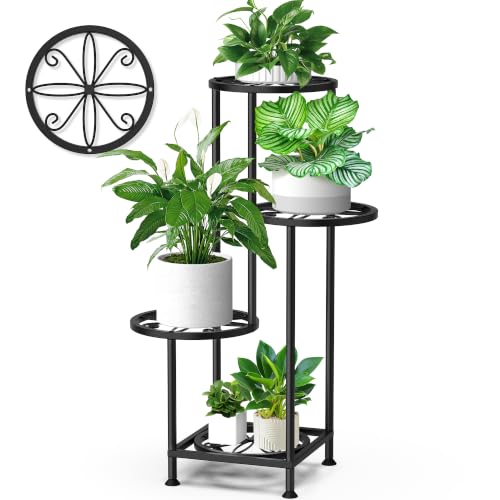 4 Tier Plant Stand Indoor Outdoor, Metal Flower Shelf Display Holder Corner | Multiple Plants Rack Tall Holder, Sturdy Rustproof Metal, Space-saving Tiered, Modern for Patio Balcony Porch Garden, Black - color: Leaf Black, size: 4 Tier