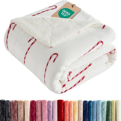 Christmas Sherpa Blanket Throw Size, Reversible Blanket - Candy Cane, 50x60 | Super Soft Double Sided Throw for Bed, Sofa, Couch, Reversible Sherpa Fleece Blanket, Thick, Warm, Plush, Xmas Winter Bedding - color: 04 - Candy Cane