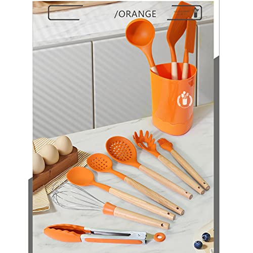 Orange Silicone Kitchen Cooking Utensils Set, Heat Resistant Silicone Kitchen Gadgets Utensils Set with Wooden Handle, Spoons Spatula Whisk with Holder for Nonstick Cookware - color: Orange 11p