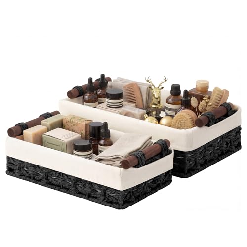 StorageWorks Small Bathroom Basket Organizer, Back of Toilet Basket | Wicker Toilet Paper Baskets, Paper Rope Baskets for Organizing for Decor, with Wooden Handles and Liner, Black, 2 Pack - color: Black, size: 12"L x 7¾"W x 3¼"H + 10¼"L x 6"W x 2¼"H