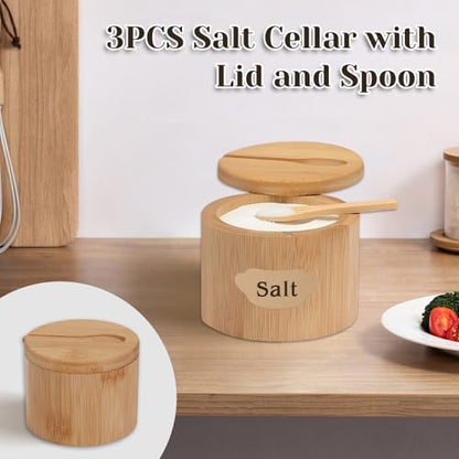 3 Pack Round Bamboo Salt Cellar Box with Magnetic Swivel Lid & Spoon,6 OZ | Round Salt Container Holder Spice Box with Label Stickers to Storage Pepper Spice Sea Herbs Sugar for Countertop,6 OZ