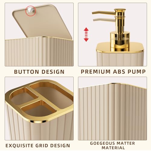 XLHOMO 26PC Bathroom Accessories Set - Gorgeous Beige Bathroom Set, Bathroom Accessory Set, Shower Curtain Set with Bathtub Mats for Shower Tub, Trash Can & Soap Dispenser - size: Bath Set+Bathtub Mat+Shower Curtain&Rugs, style: Beige&Gold