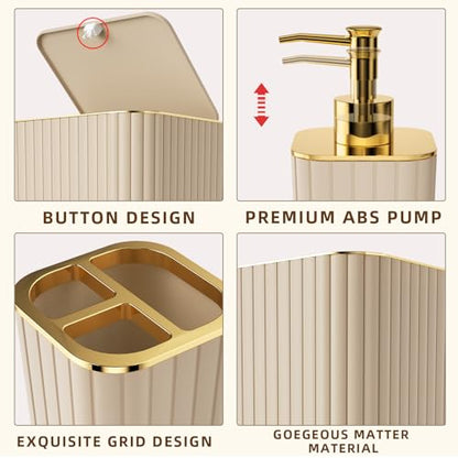 XLHOMO 26PC Bathroom Accessories Set - Gorgeous Beige Bathroom Set, Bathroom Accessory Set, Shower Curtain Set with Bathtub Mats for Shower Tub, Trash Can & Soap Dispenser - size: Bath Set+Bathtub Mat+Shower Curtain&Rugs, style: Beige&Gold